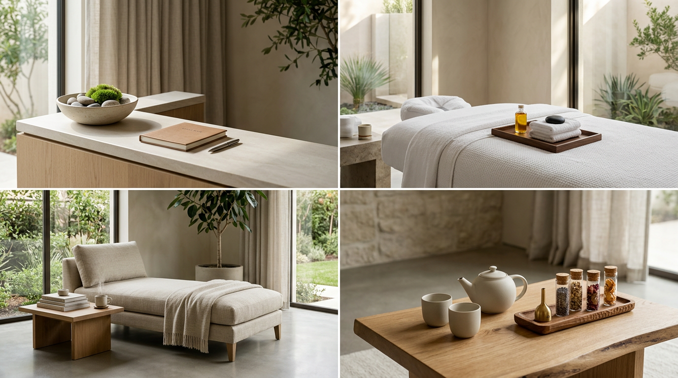 Collage of four images depicting a spa or wellness space with neutral-toned furniture, plants, and large windows with outdoor views