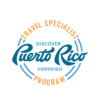 Travel specialist program badge featuring the text 'Discover Puerto Rico' and a circular design with orange and blue colors.