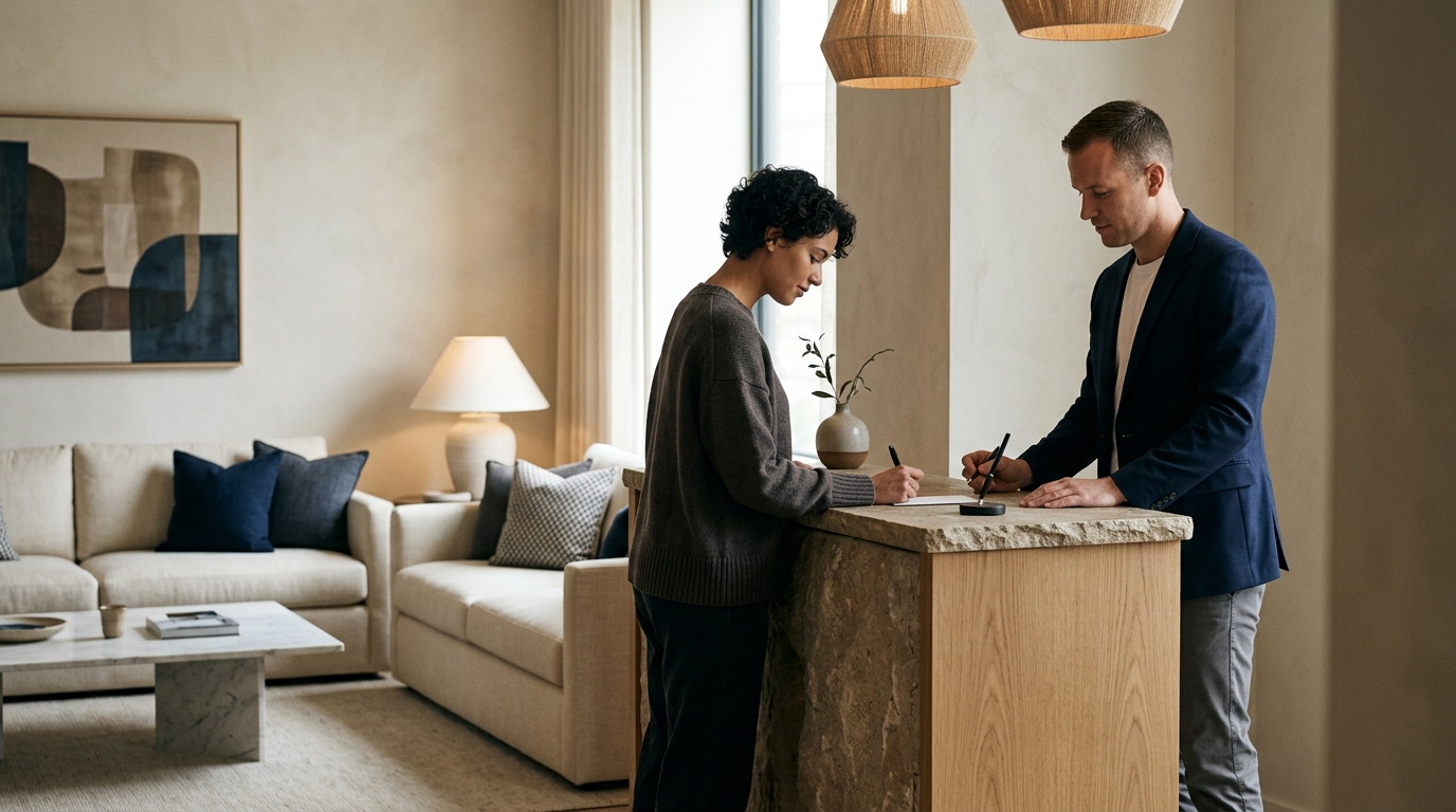 A woman and a man signing documents at a reception desk in a modern living room.