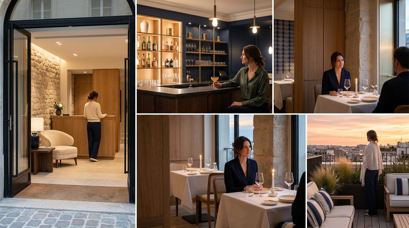 A woman standing at a reception desk, a woman sitting at a bar with a drink, a woman and a man dining at a table with candles, a woman sitting at a table with wine, a woman standing on a balcony overlooking a city at sunset.