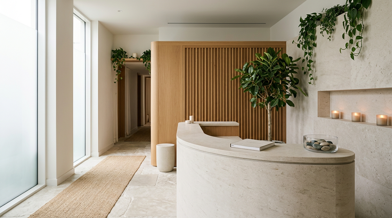 Minimalist reception desk with a gray stone counter, a small potted tree, and a glass bowl with rocks. Clean, modern interior with natural light, candles, and greenery.