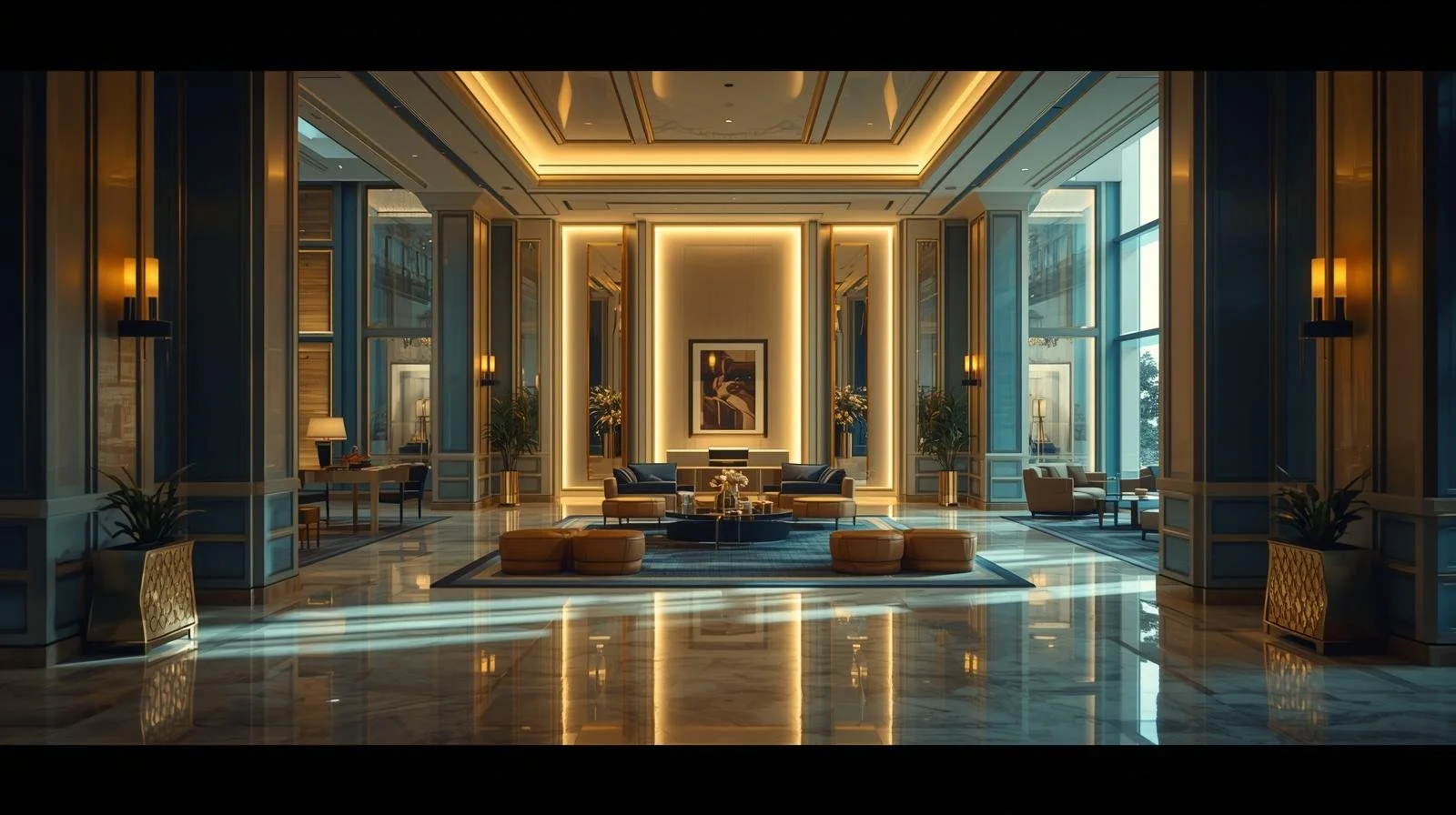 Luxurious hotel lobby with high ceilings, large windows, and modern decor featuring gold accents, potted plants, and a seating area with sofas and ottomans.