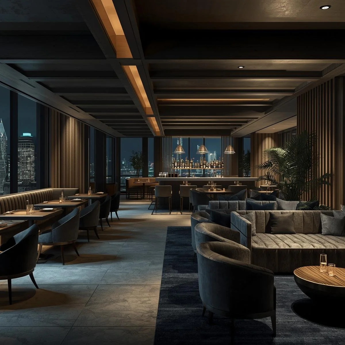 A modern, upscale restaurant interior at night with floor-to-ceiling windows showing city skyscrapers. The dining area features a long, curved sofa, multiple tables, chairs, and a well-lit bar with pendant lights. The decor includes wooden accents, plants, and dim lighting for a cozy atmosphere.