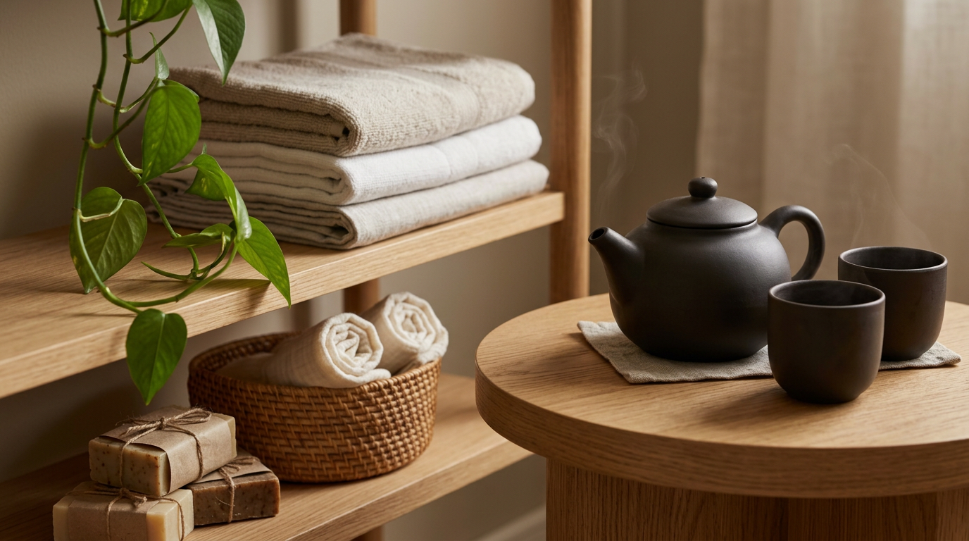A cozy tea setup with a black teapot and two matching cups on a round wooden table, surrounded by folded towels, a basket with rolled towels, sliced soap bars, and a green leafy plant on a wooden shelf in the background.