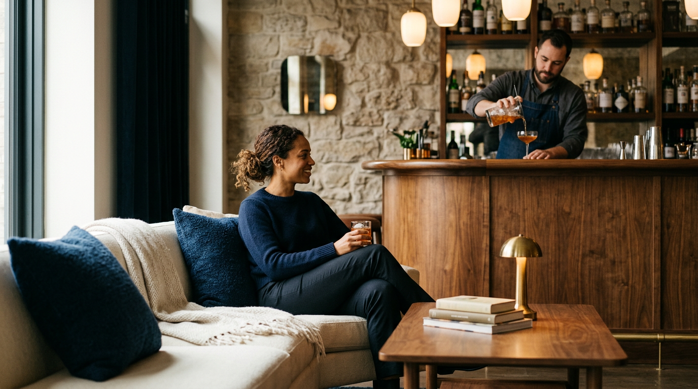 A woman sits on a beige sofa with blue cushions, holding a drink, in a warmly lit lounge with a bar behind her, where a bartender pours a drink.