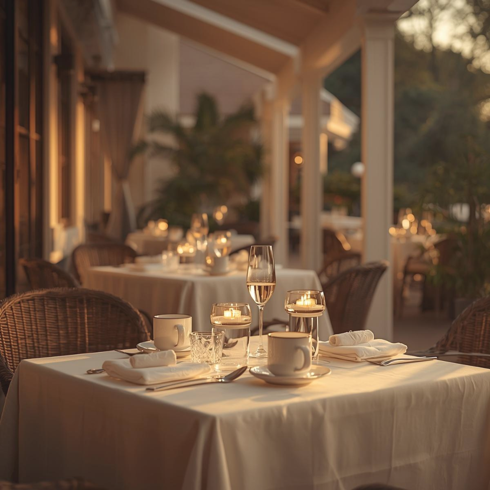 Elegant restaurant interior with round tables, beige upholstered chairs, and modern chandelier lighting, featuring large windows and marble flooring.