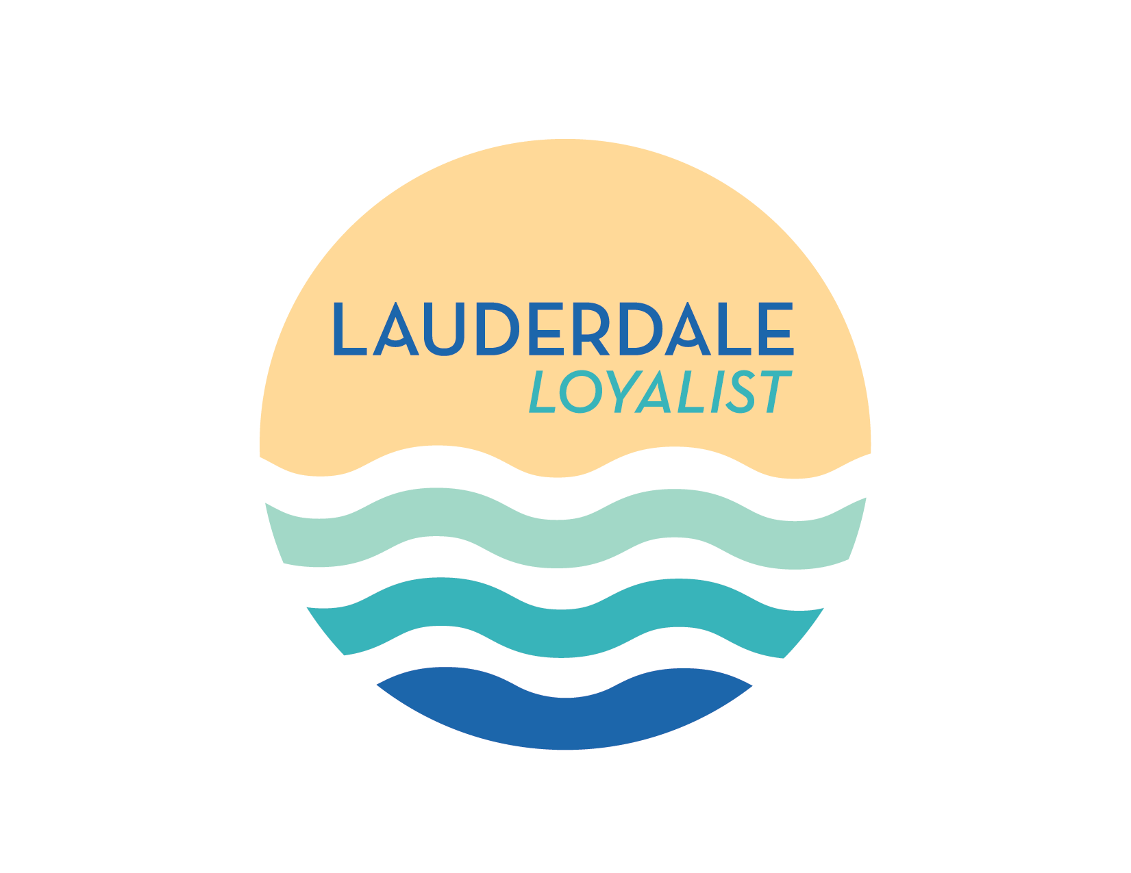 A circular logo with waves in shades of blue and white at the bottom, and a beige background at the top, with the text 'LAUDERDALE LOYALIST' in blue and light green in the center.