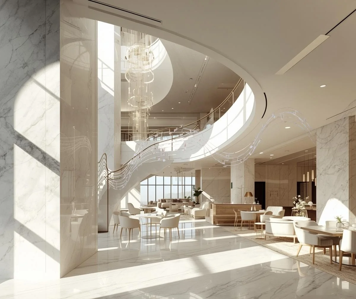 Luxurious hotel lobby with marble floors, white furniture, large windows, and a modern staircase with a glass railing.