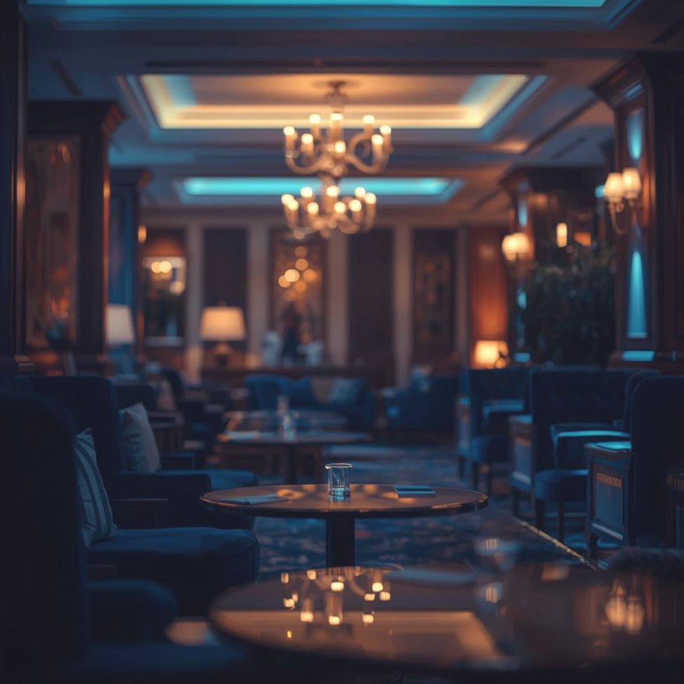 A dimly lit, elegant lounge with dark wood furniture, blue velvet chairs, wall sconces, and chandeliers, creating a cozy and luxurious atmosphere.