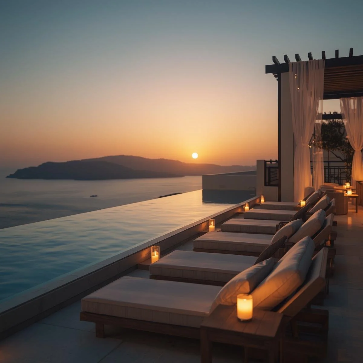 Interior of a luxurious rooftop restaurant at night with city skyline view through large floor-to-ceiling windows, dim lighting, elegant tables, chairs, and a bar area.