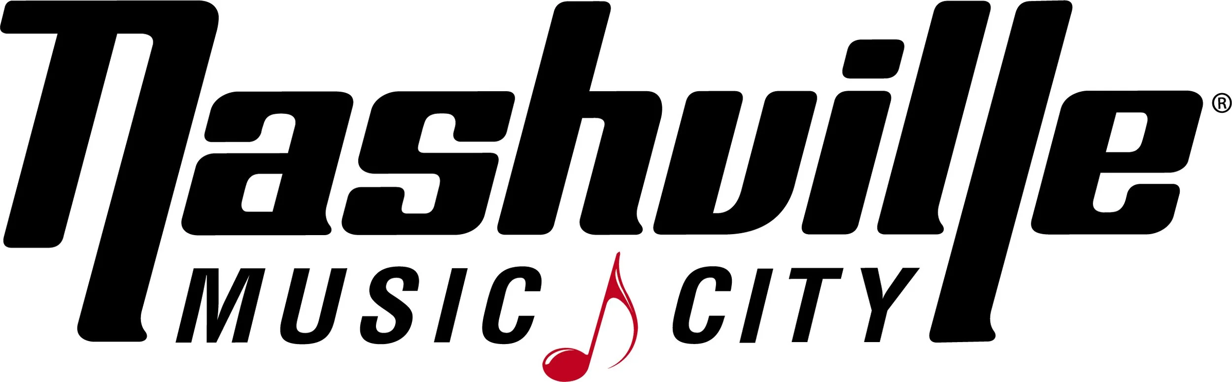 Logo for Nashville Music City featuring stylized black text with a red musical note.