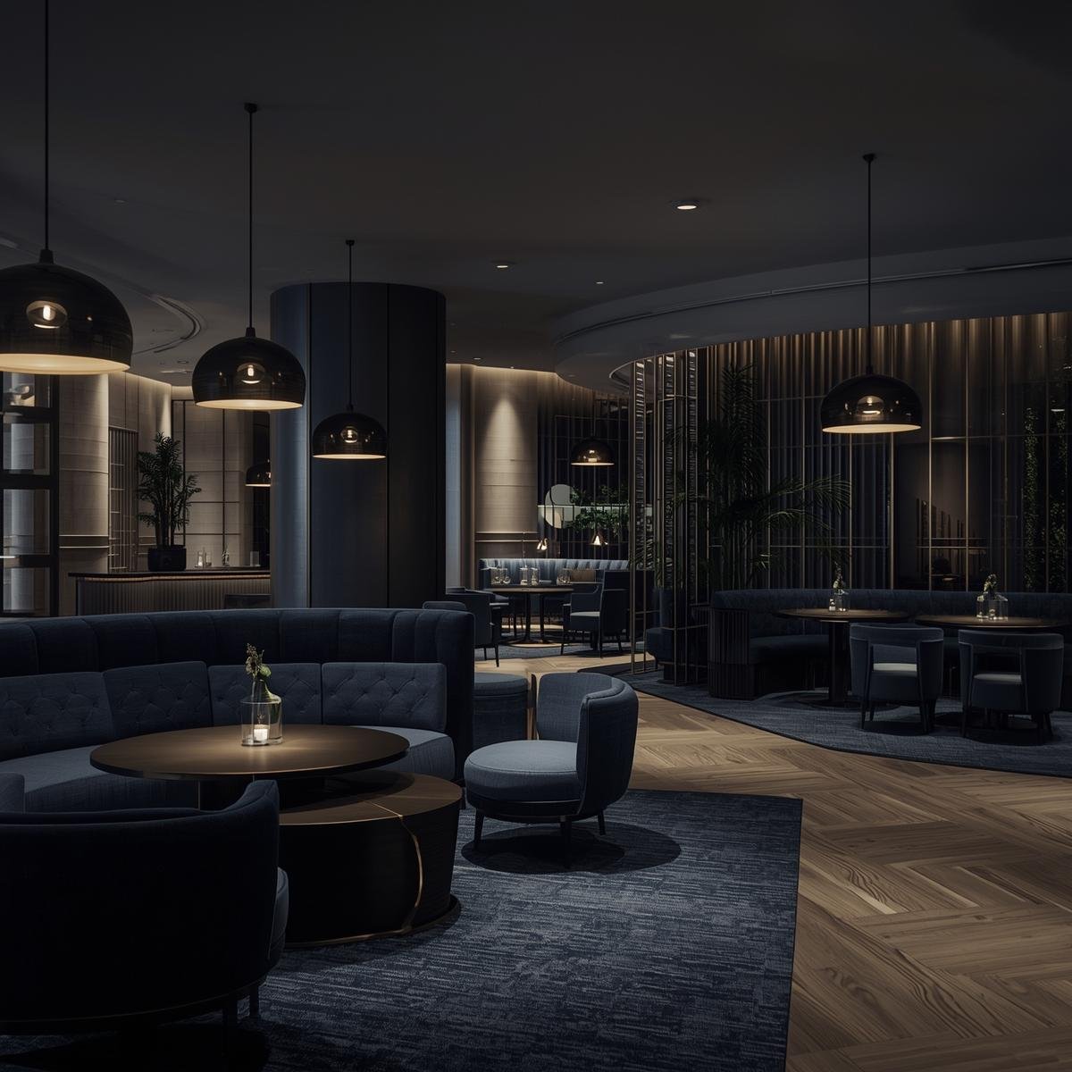 A dimly lit modern lounge or hotel lobby with dark furniture, round tables, plush seating, pendant lights, and decorative plants.