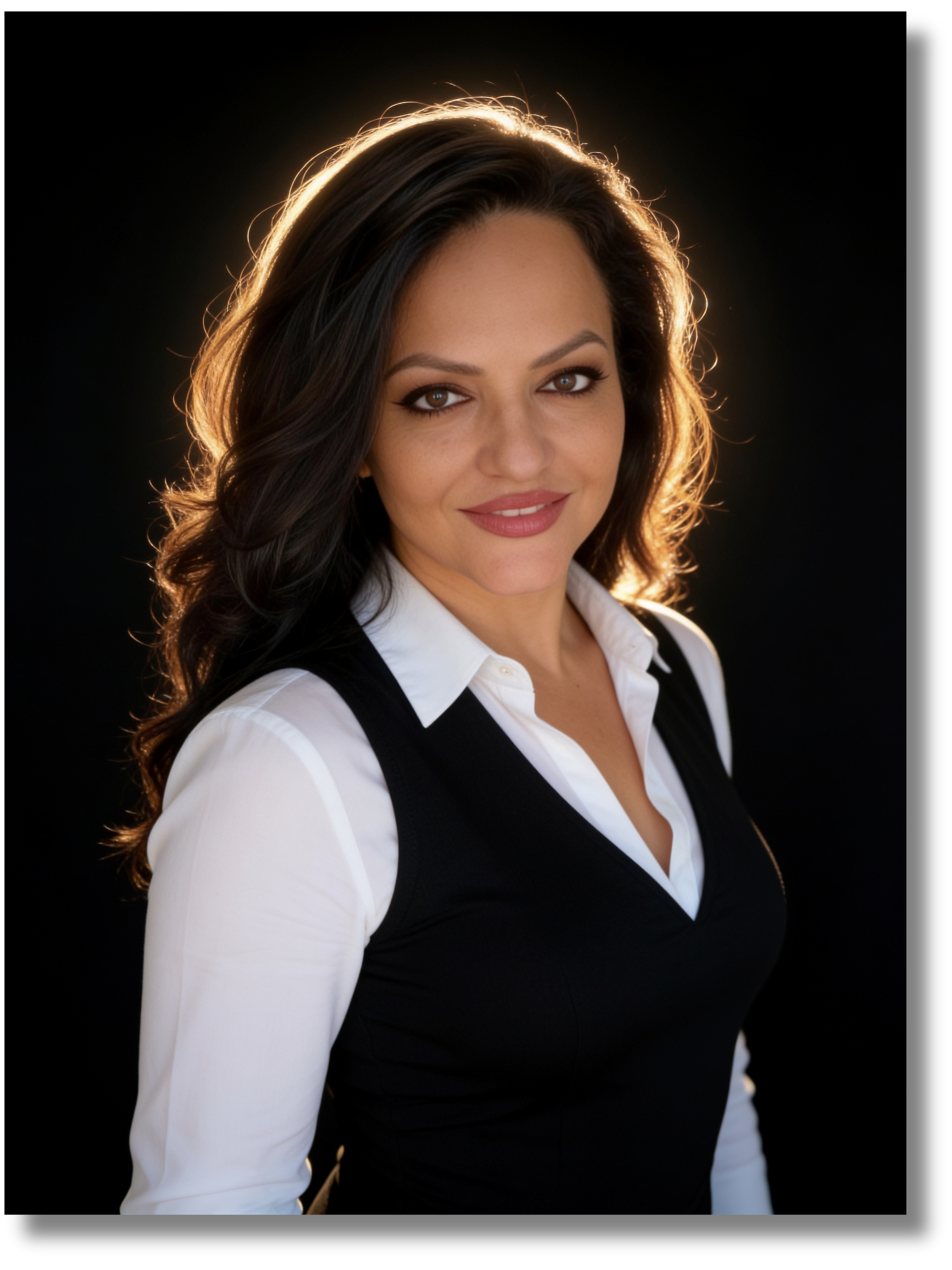 A woman with dark wavy hair, brown eyes, and light makeup, smiling confidently, wearing a white shirt and black vest against a black background with a backlit halo effect around her head.
