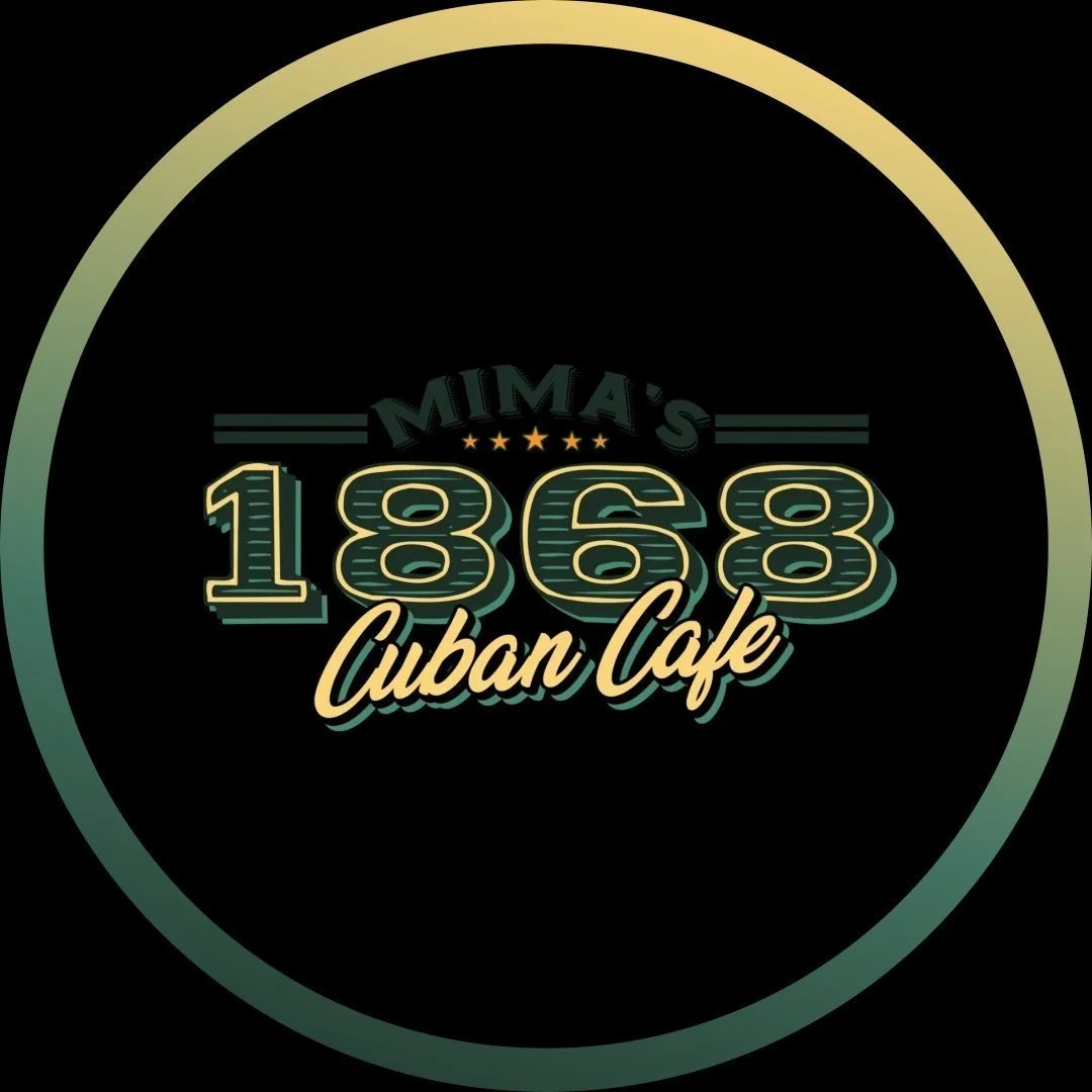 Logo for Mima's 1868 Cuban Cafe with neon-style lettering and stars on a black background