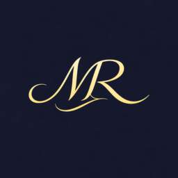 Gold-colored initials 'MR' on a dark background.