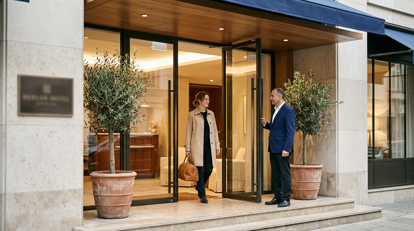 A woman with a handbag talking to a man in a blue suit at the entrance of a hotel with potted trees.