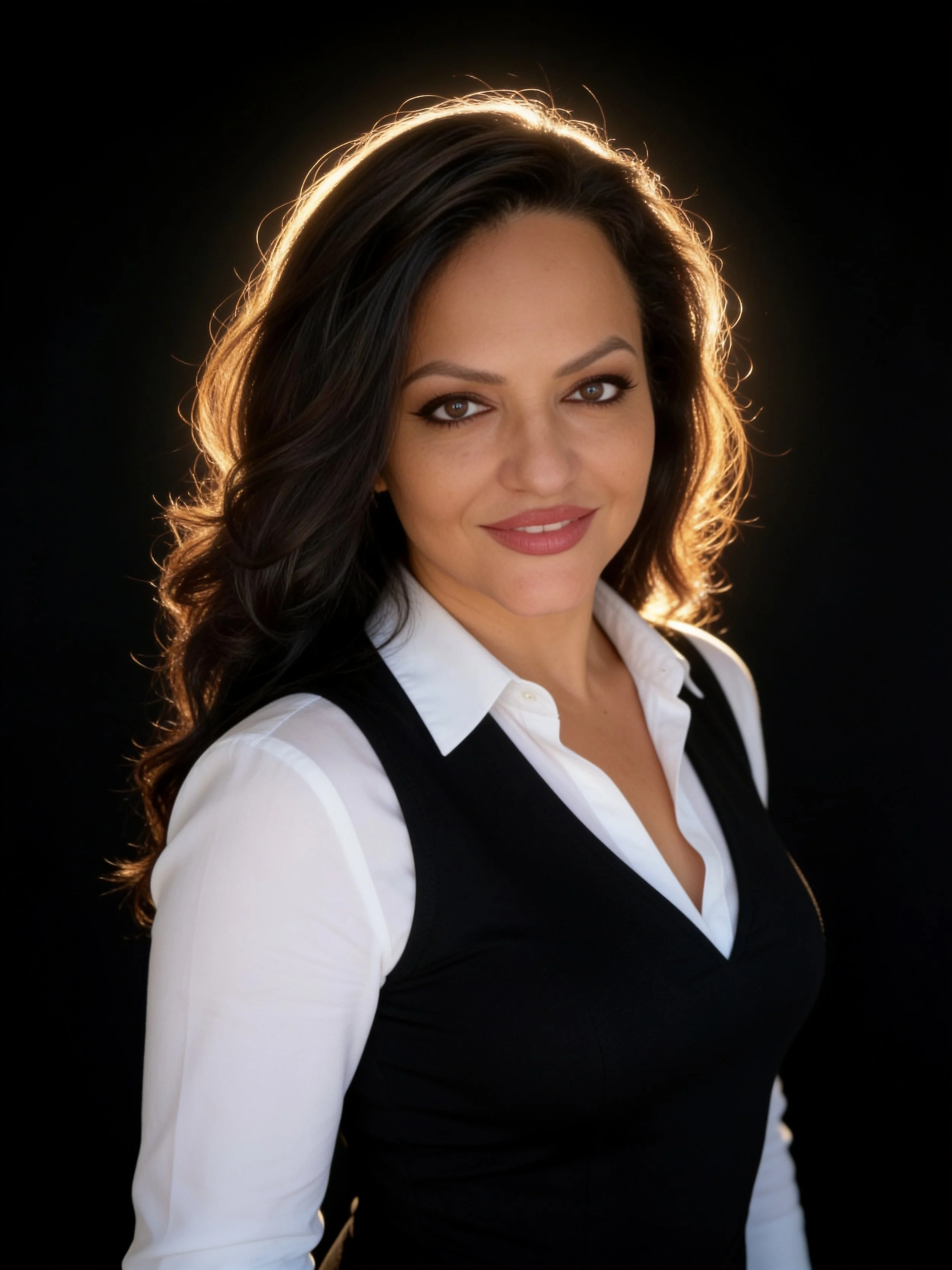 Portrait of a woman with long, dark, wavy hair styled to one side, smiling, wearing a white shirt and a black vest, against a black background with a golden halo effect behind her head.