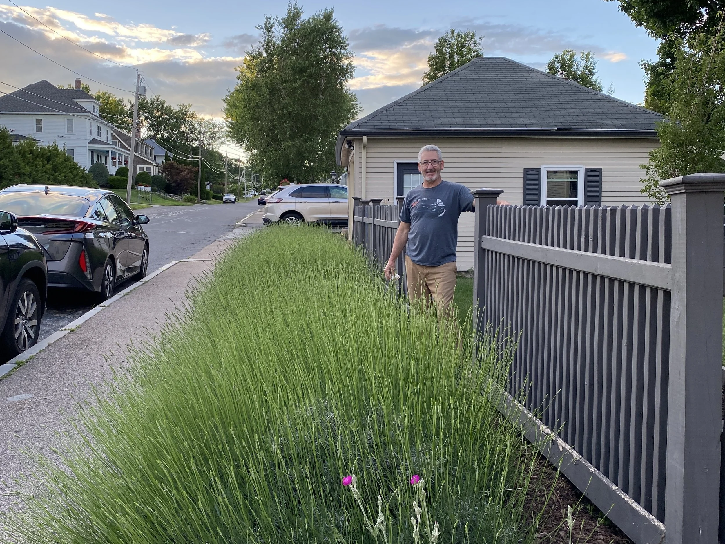 A man with gray hair and a beard smiling and standing behind a wooden fence with a garden of tall grass and pink flowers in front, in a residential neighborhood with parked cars and houses, during sunset.