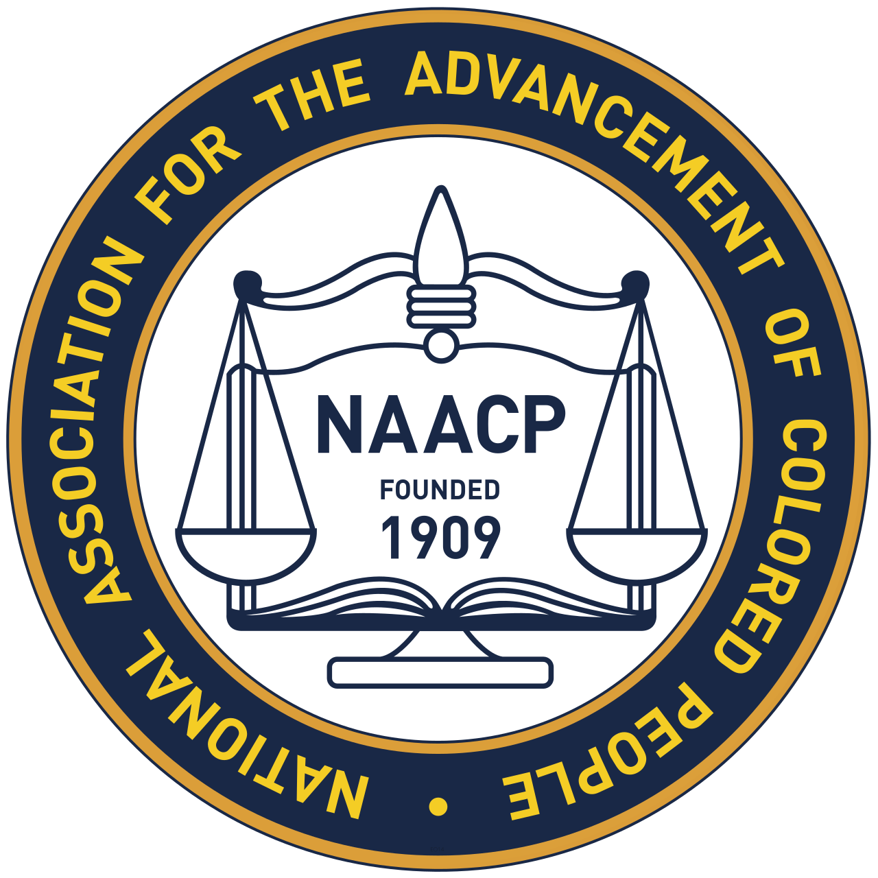 Seal of the NAACP featuring a balanced scale, a torch, and an open book with the text 'NAACP' and 'Founded 1909' in the center, surrounded by the words 'National Organization for the Advancement of Colored People'.