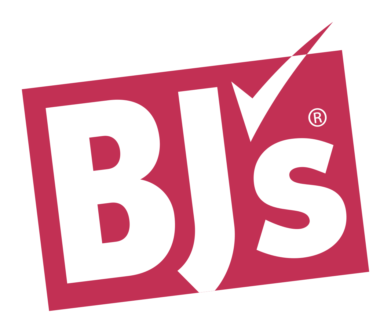 BJS logo with large white letters on a red rectangle background, tilted at an angle, with a check mark in the upper right corner.