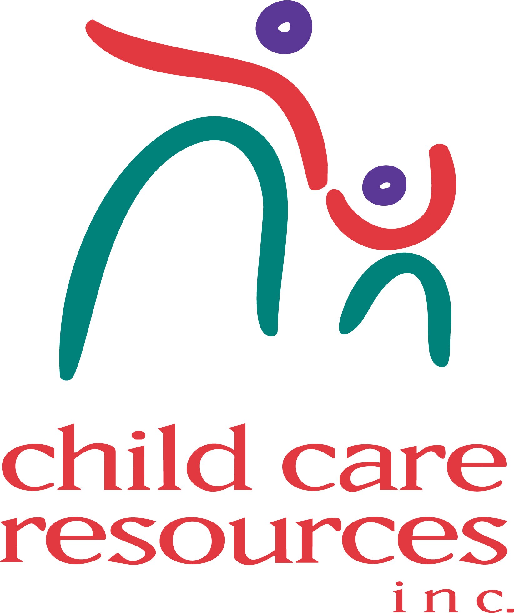 Stylized drawing of an abstract, multicolored figure with purple heads, red and teal limbs, and partial red text reading 'child care resources'.
