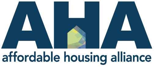 Logo of the Affordable Housing Alliance with the letters AHA and a geometric house shape in the middle.