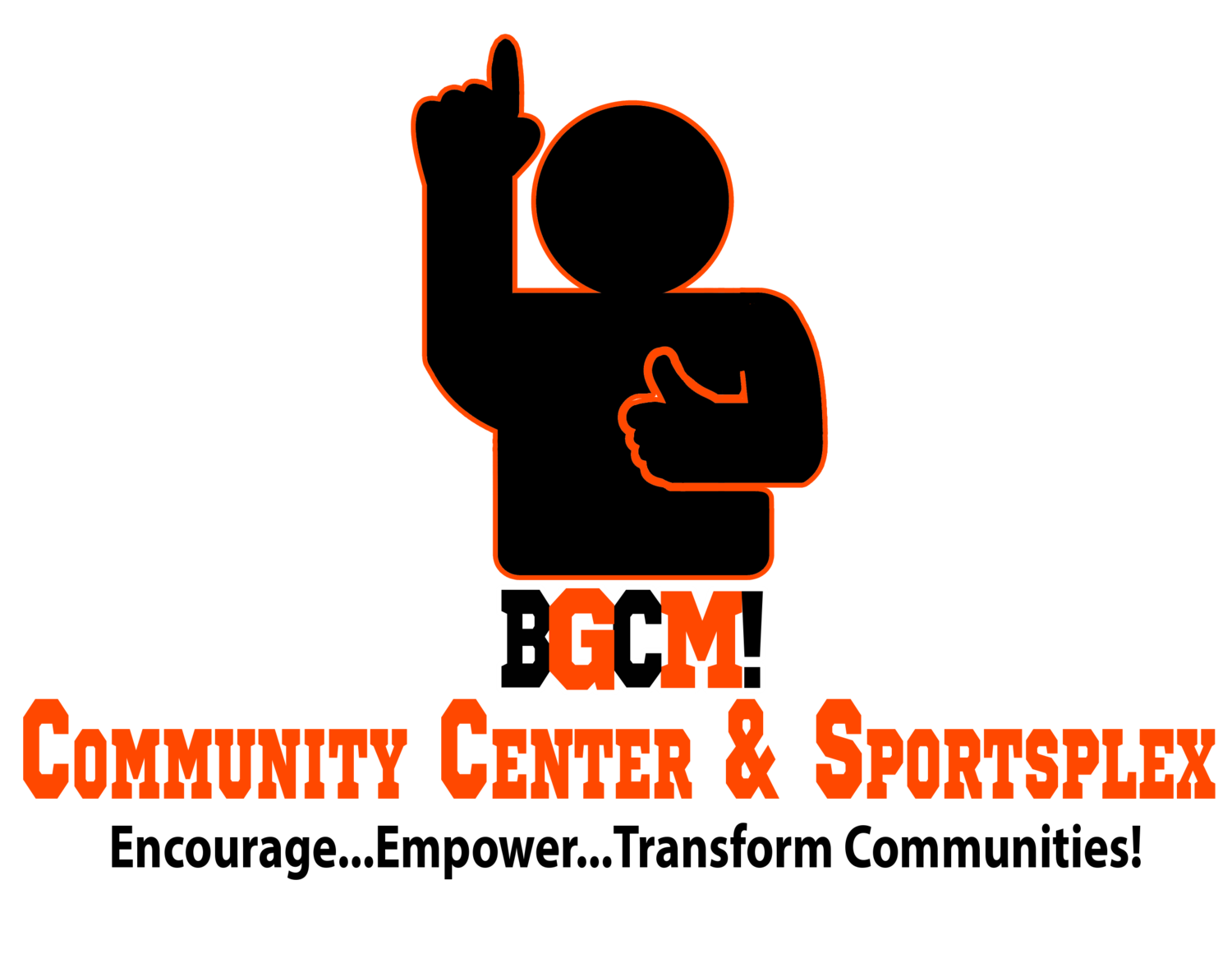 A neon sign with a black outline of a person giving a thumbs up and pointing up with their index finger. The letters 'B G C M!' are displayed below the person, with 'B' and 'M' in bold orange and 'G' and 'C' in black. Below that, the text reads 'Community Center & Sportsplex' in bold orange letters.