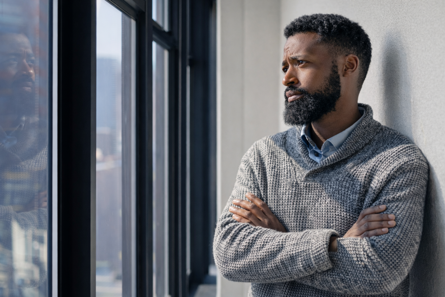 A man with a beard and curly hair, wearing a gray sweater, looking out a window with crossed arms.