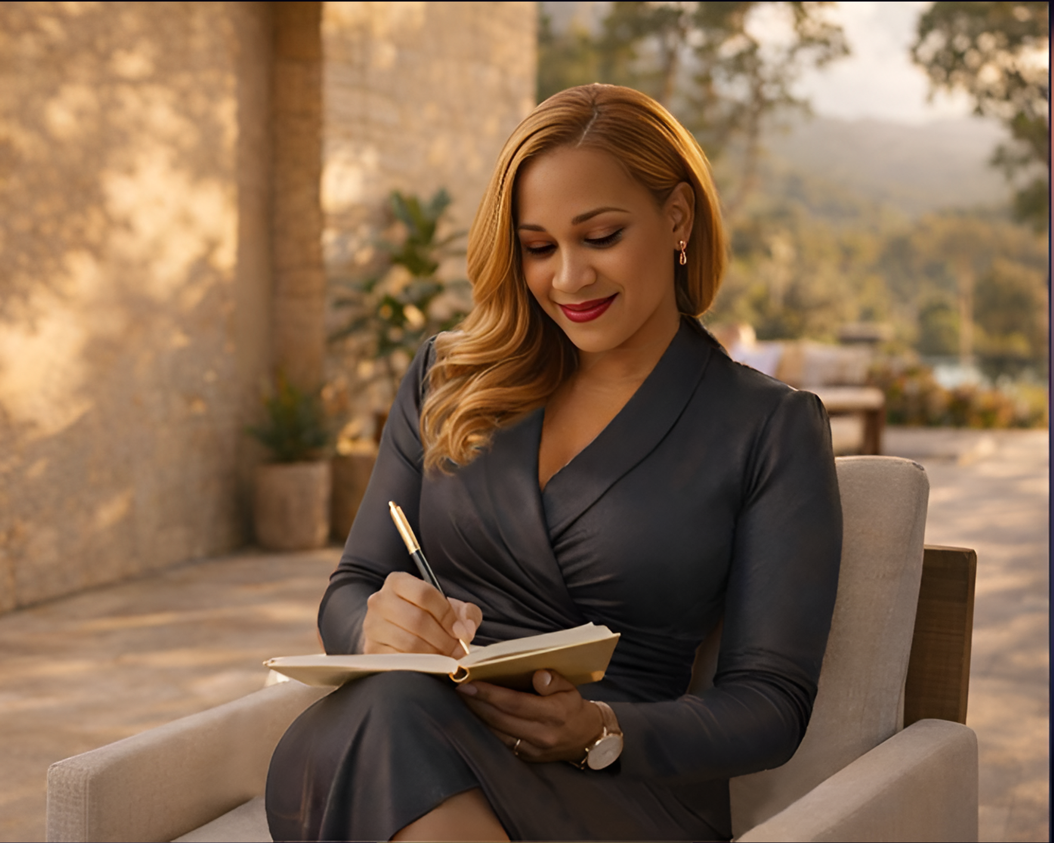 A woman with long, wavy, reddish-blonde hair, wearing earrings and a dark gray blazer, sitting on a park bench outdoors during sunset, writing in a notebook.