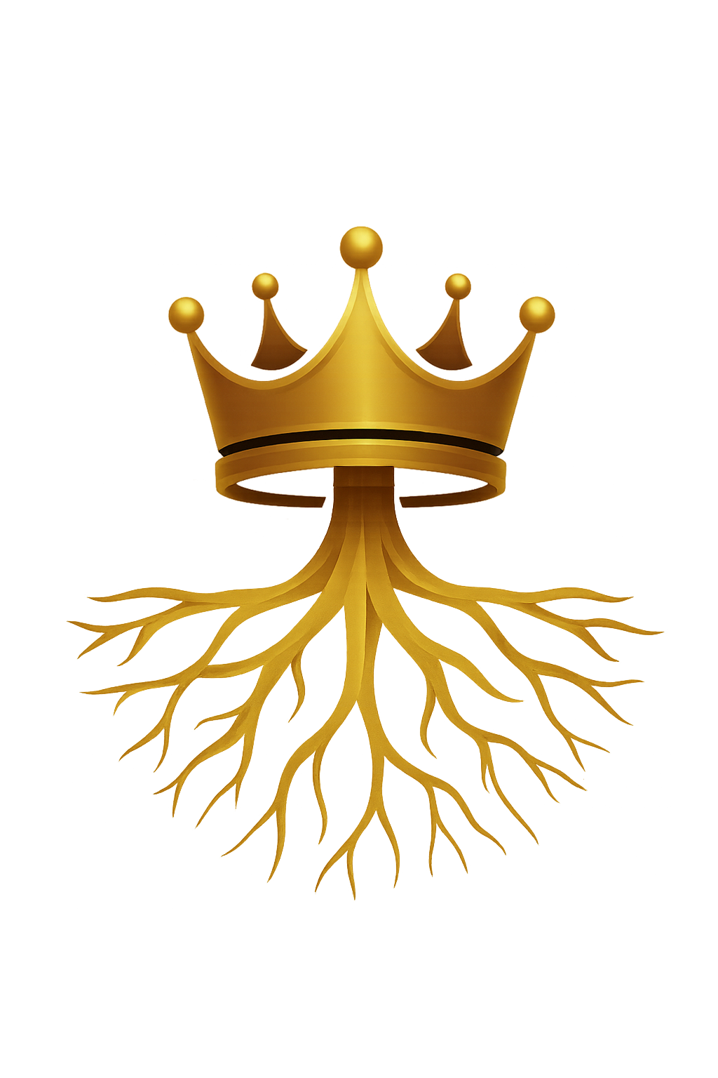 A golden crown resting on a pillar, with roots extending downward, blending into the roots.