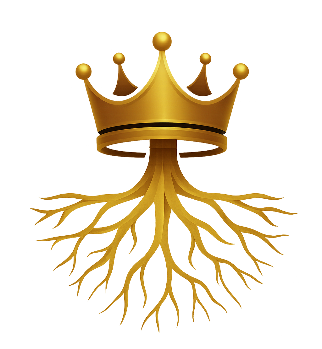 A golden crown on top of a deep-rooted tree, symbolizing royalty and strong foundation.