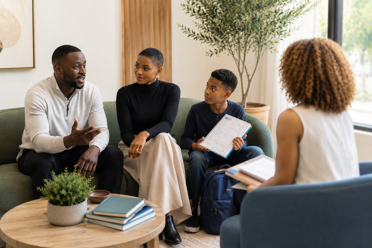 A family of four sitting on couches in a therapy session, with a therapist taking notes, in a well-lit room with plants and books.