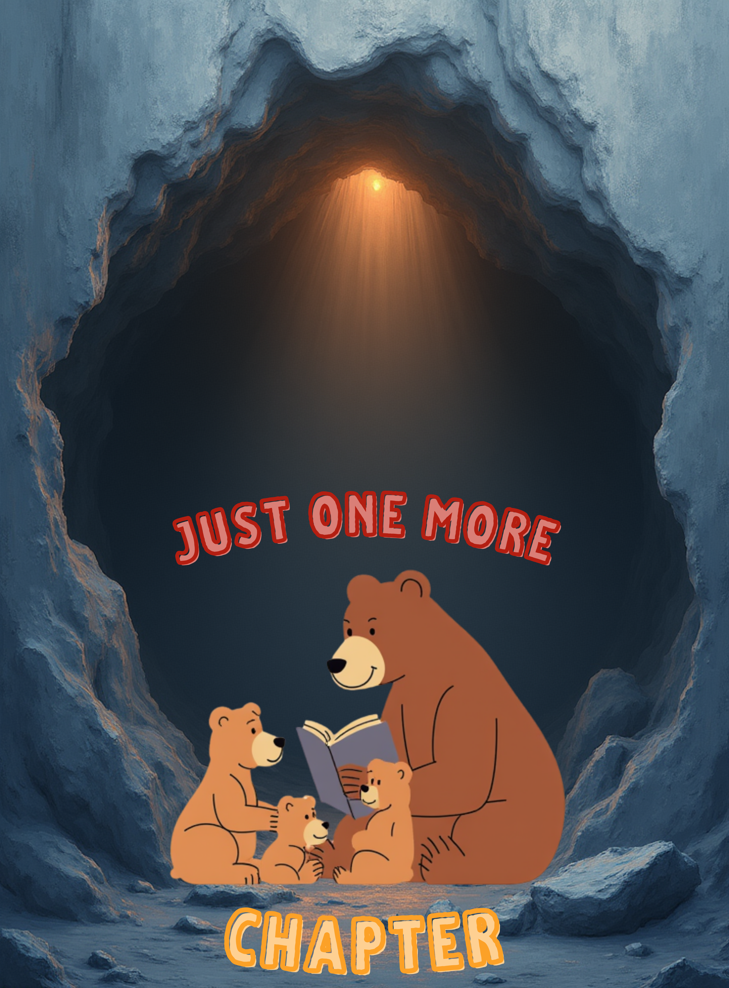Illustration of a bear reading a book to three cubs inside a cave with a glowing light shining down from above. The text "Just One More" is above the bears, and "Chapter" is below.