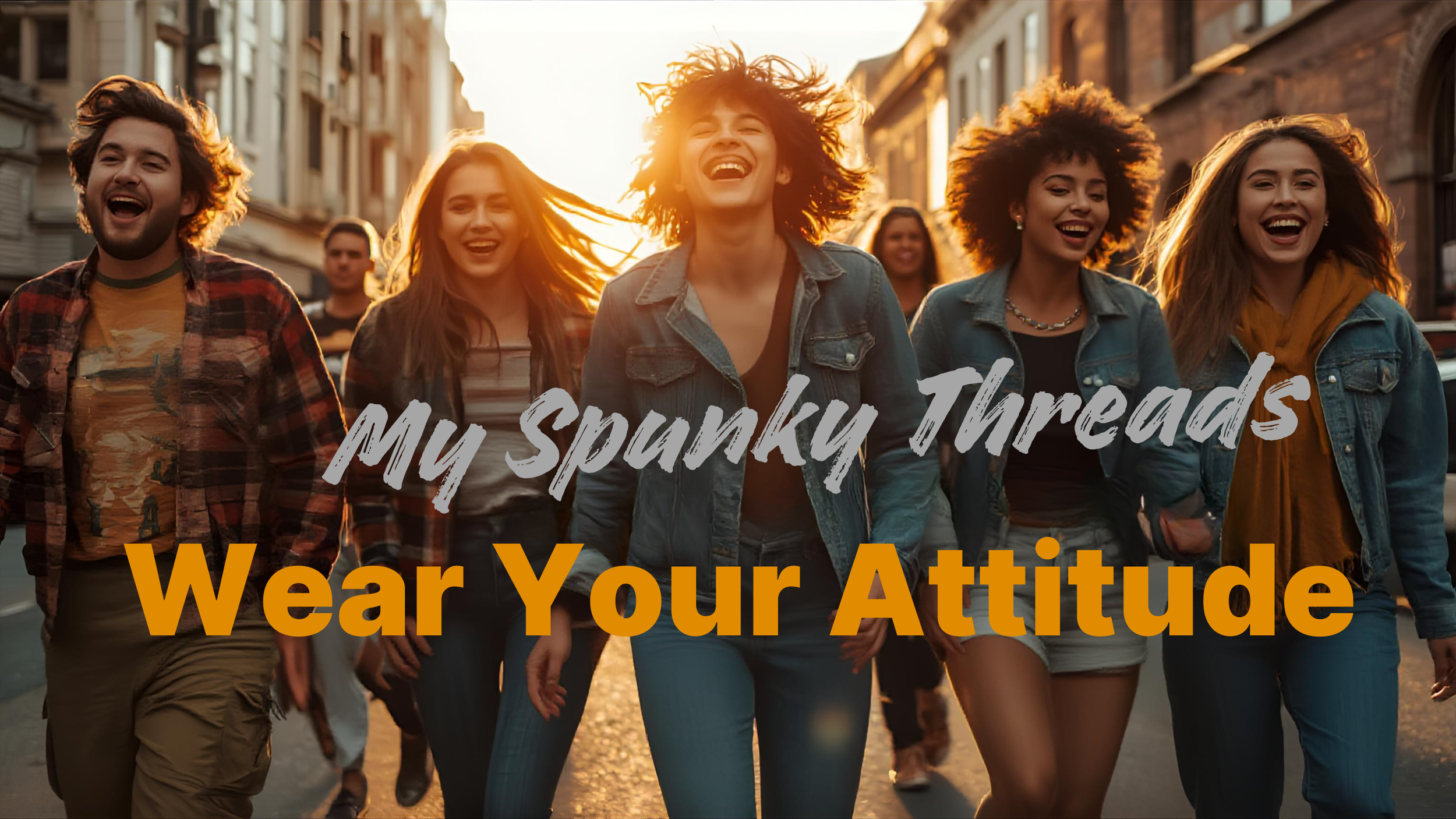 A group of diverse young people walking together on a city street during sunset, smiling and laughing.