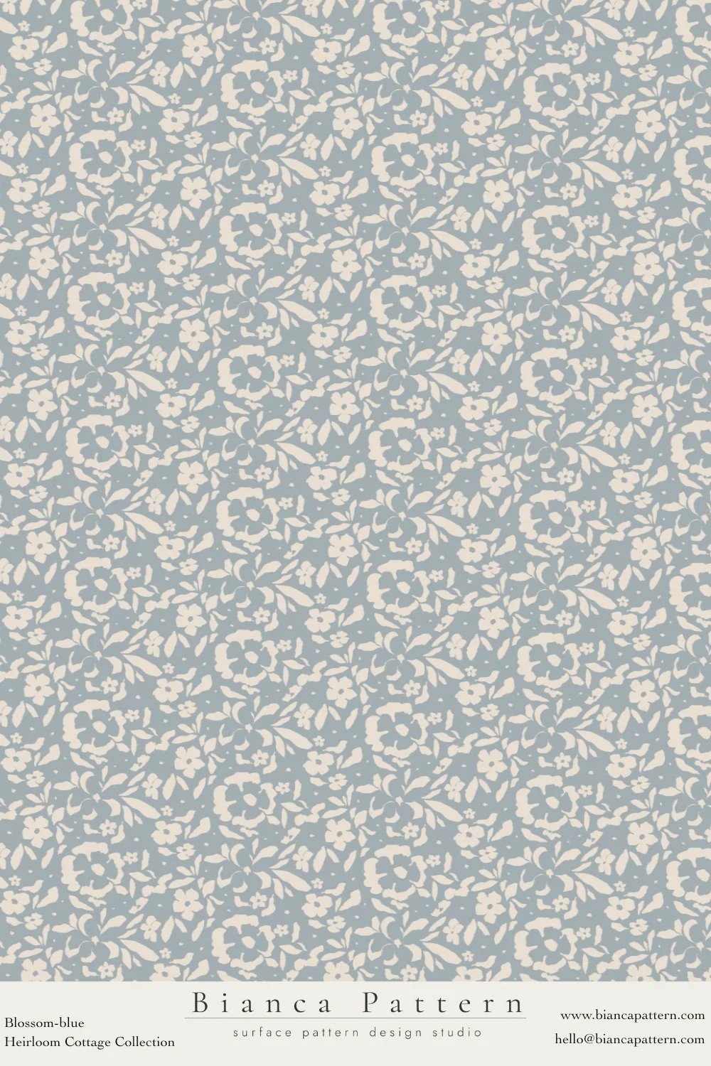 A floral pattern in blossom blue with white flowers and leaves, labeled 'Bianca Pattern' from the Heirloom Cottage Collection.