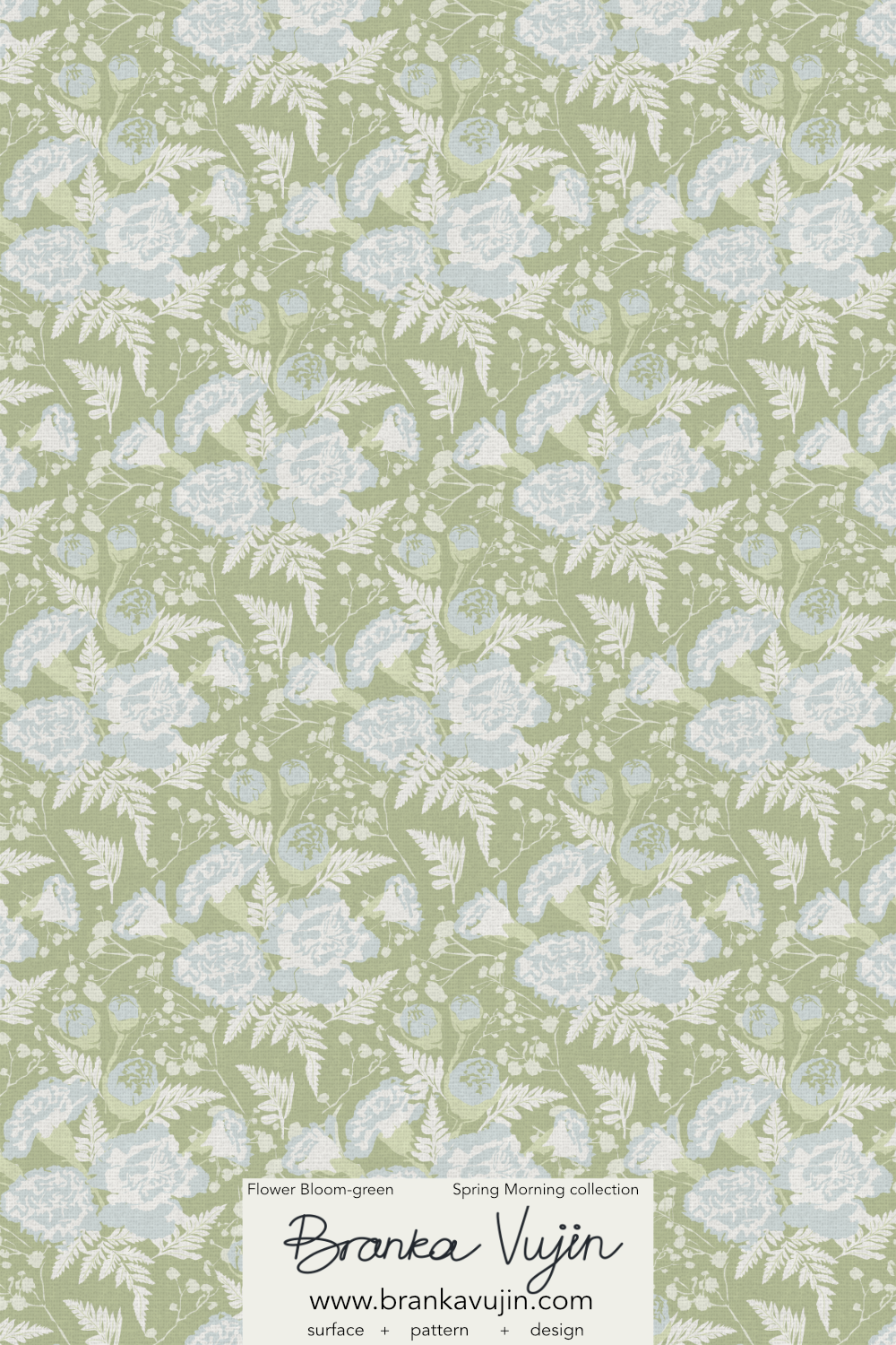 A floral pattern fabric with light blue and white flowers, green leaves, and a light green background, from the Spring Morning collection by Branka Vujin. Pattern design for licensing .