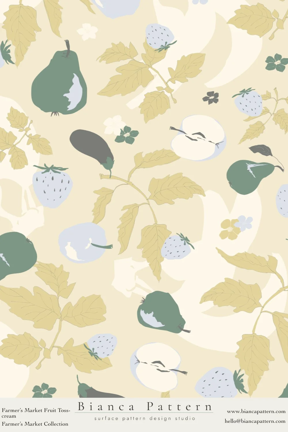 A pastel-colored fabric pattern featuring pears, strawberries, leaves, and small flowers on a light background.