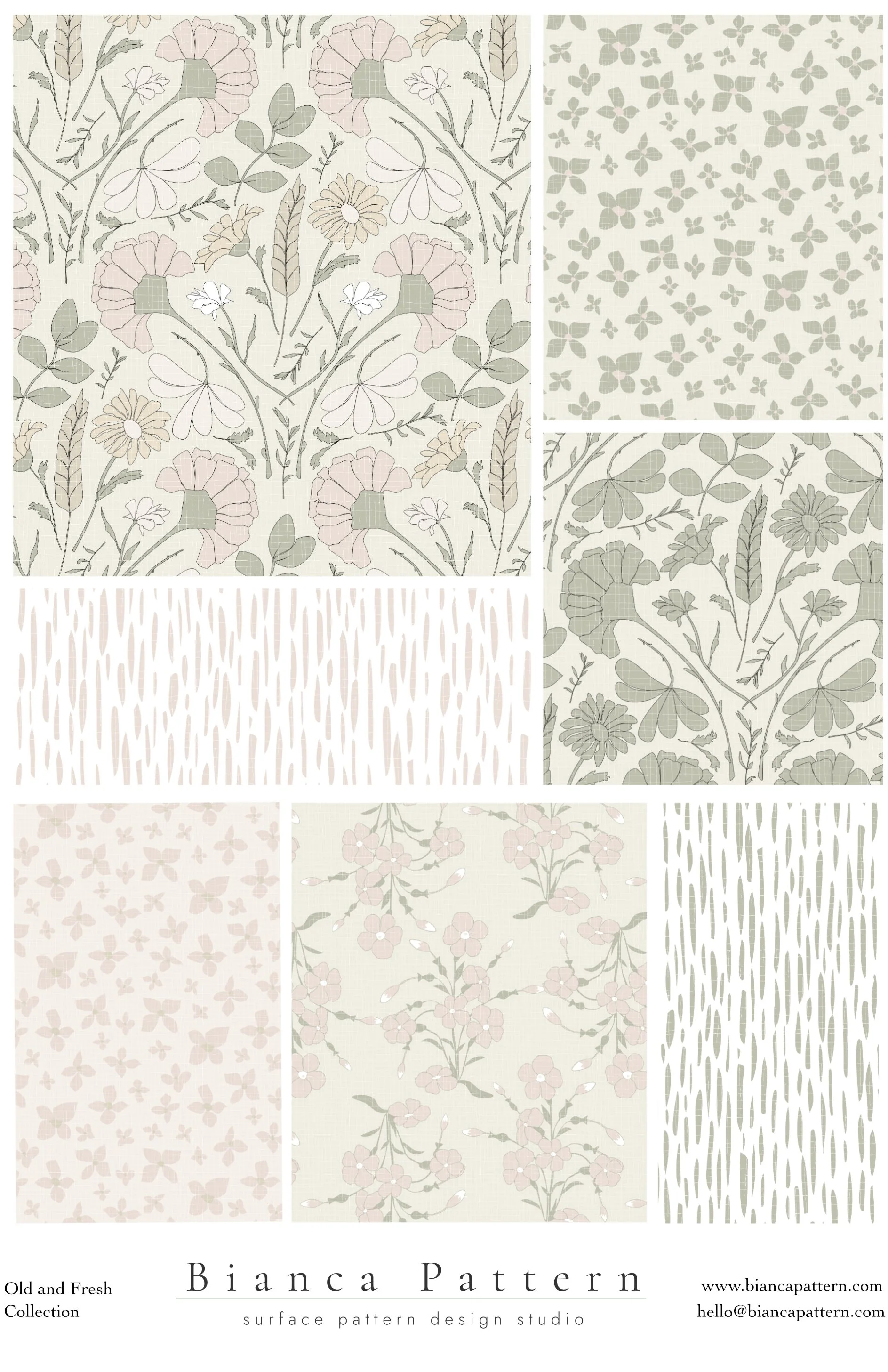 Pattern swatches of botanical designs in soft pastel colors, including florals, butterflies, and textured stripe-like patterns. This collage showcases various fabric or wall coverings from Bianca Pattern's collection.