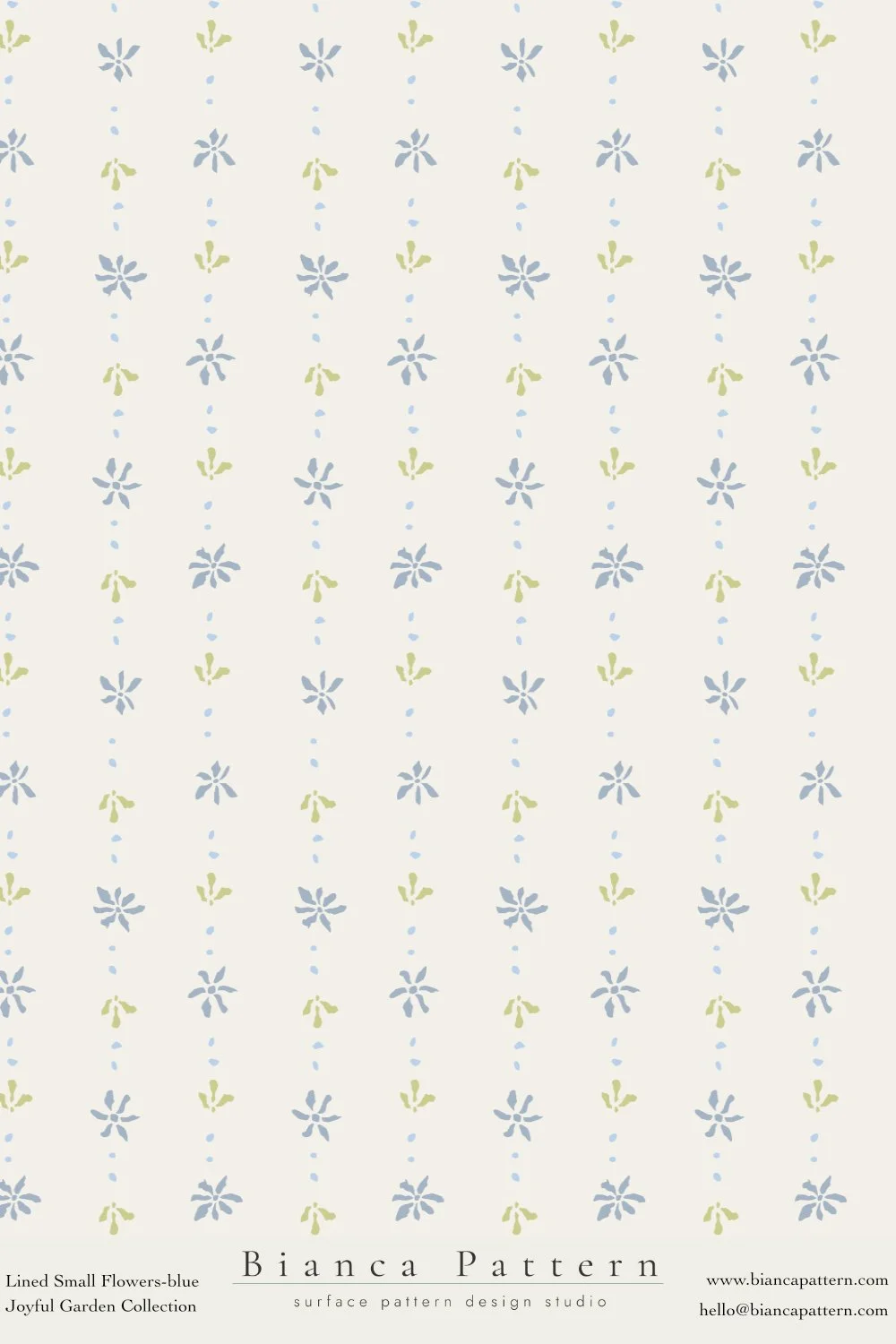 A patterned background with small blue flowers, green leaves, and dotted lines on a light beige background.