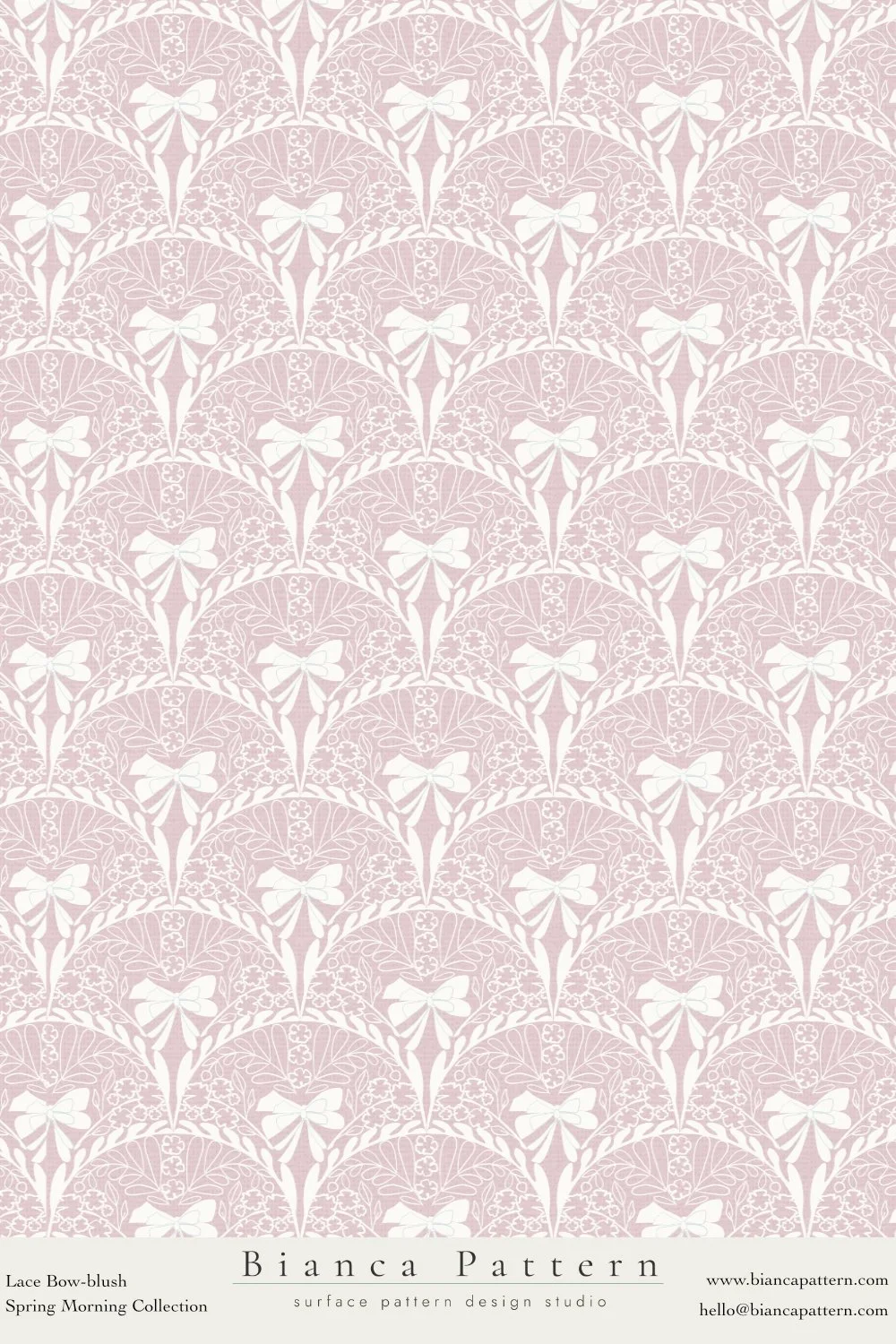 Pink lace pattern with white bows and floral details from Bianca Pattern's Spring Morning Collection.