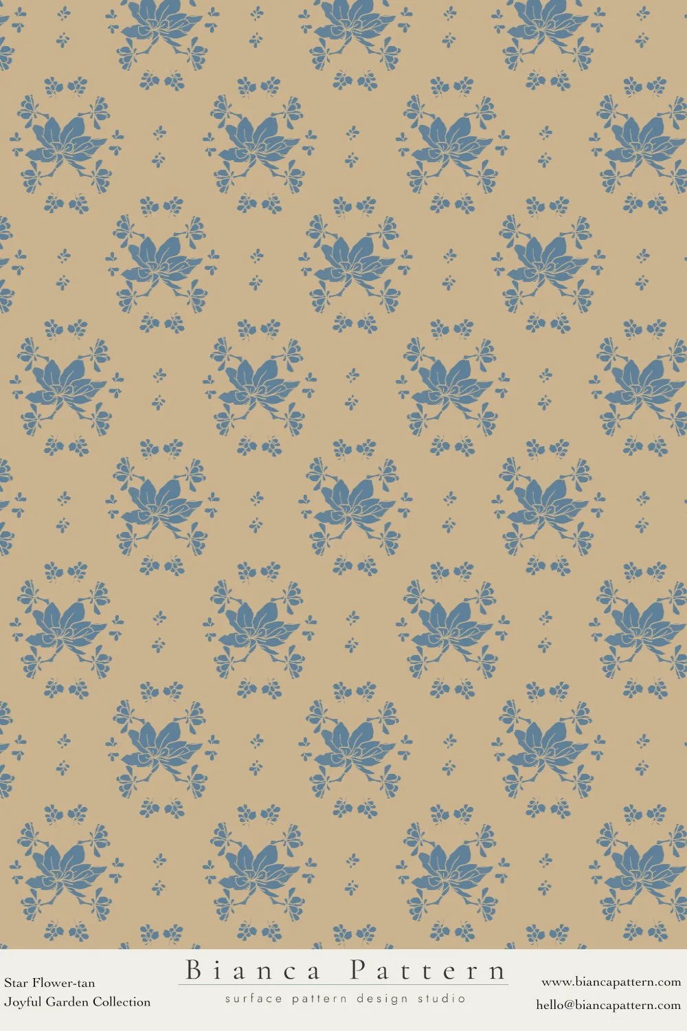 A floral pattern with blue star-shaped flowers and small dots on a beige background, with a label at the bottom that reads 'Bianca Pattern' and additional text about the pattern collection and design studio.