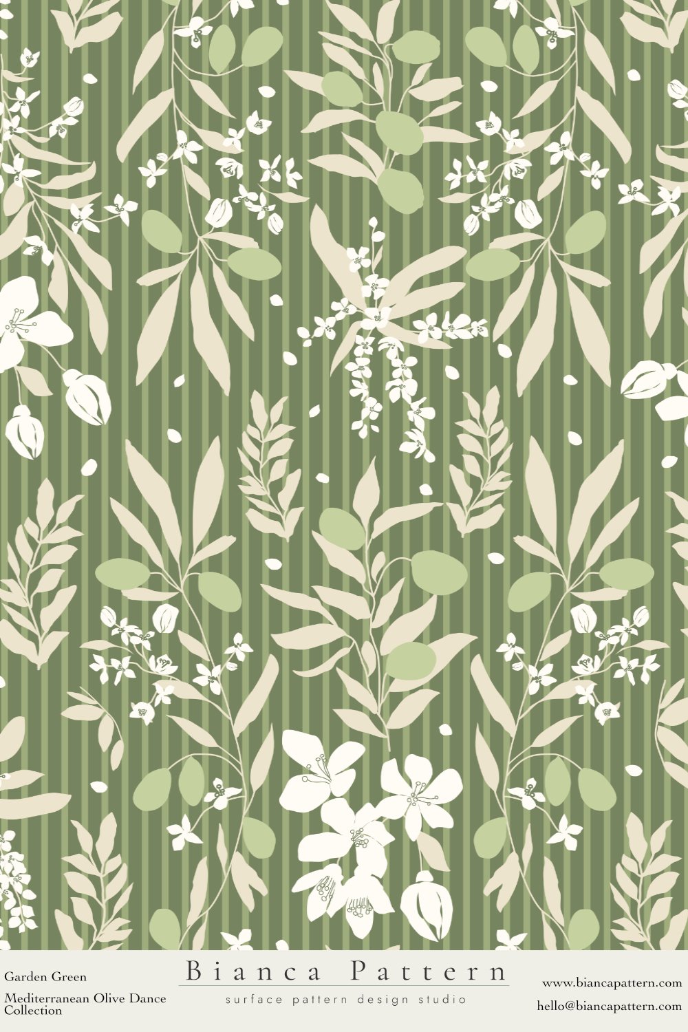 Pattern featuring green and beige olive branches with white flowers on a striped green background.