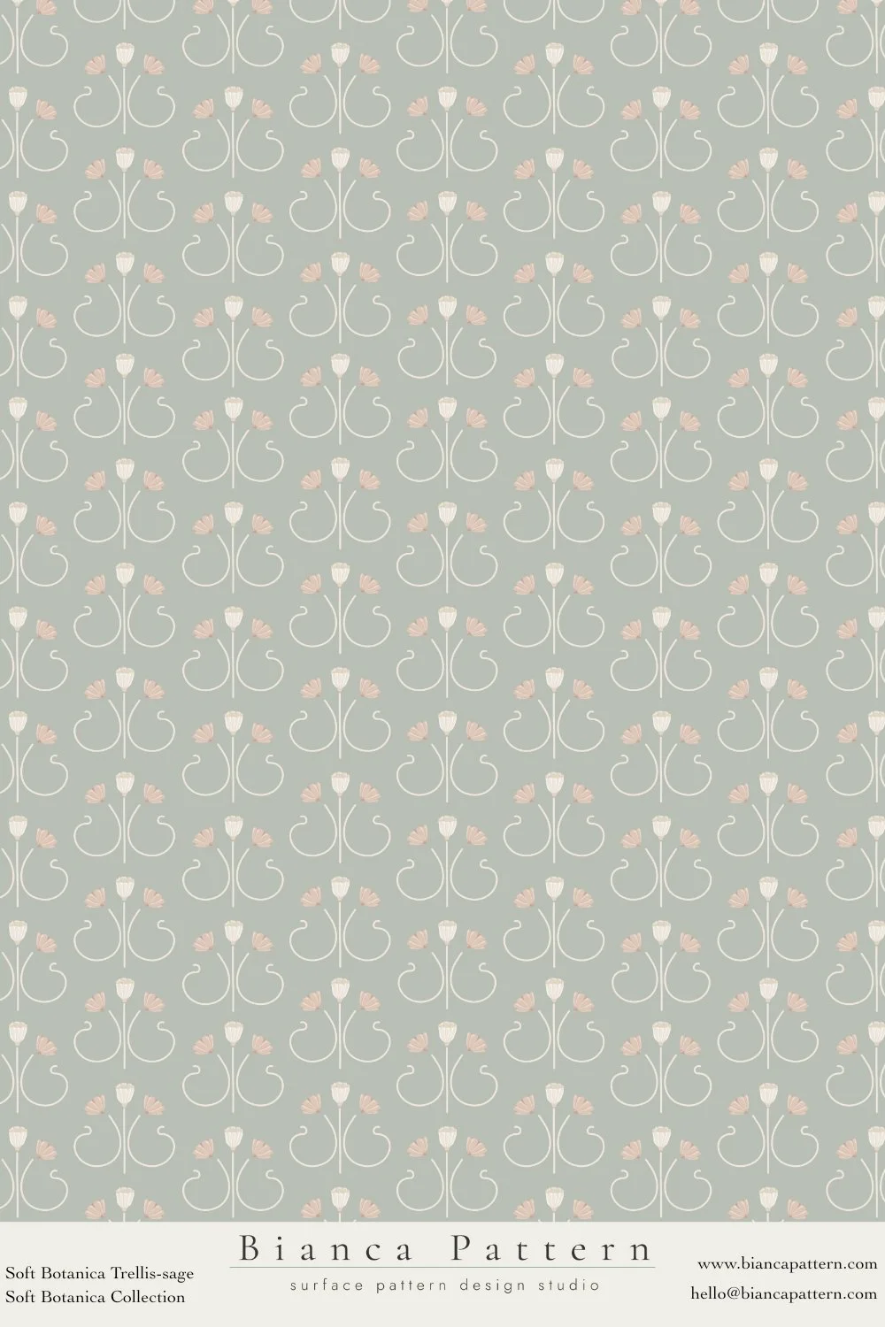 Seamless pattern with stylized white trellises and small pink leaves on a muted green background.