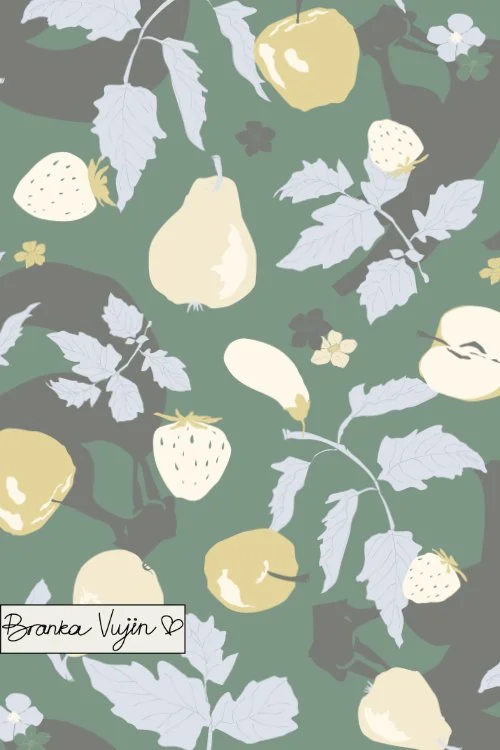 Pattern of apples, strawberries, strawberries, and green leaves on a muted green background, with a handwritten signature that says 'Branka Vujin' with a heart.