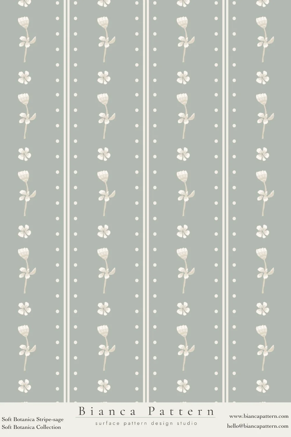 A pattern featuring vertical gray stripes decorated with white flowers and dots, part of the Bianca Pattern collection, labeled as 'Soft Botanica Stripe-sage'.