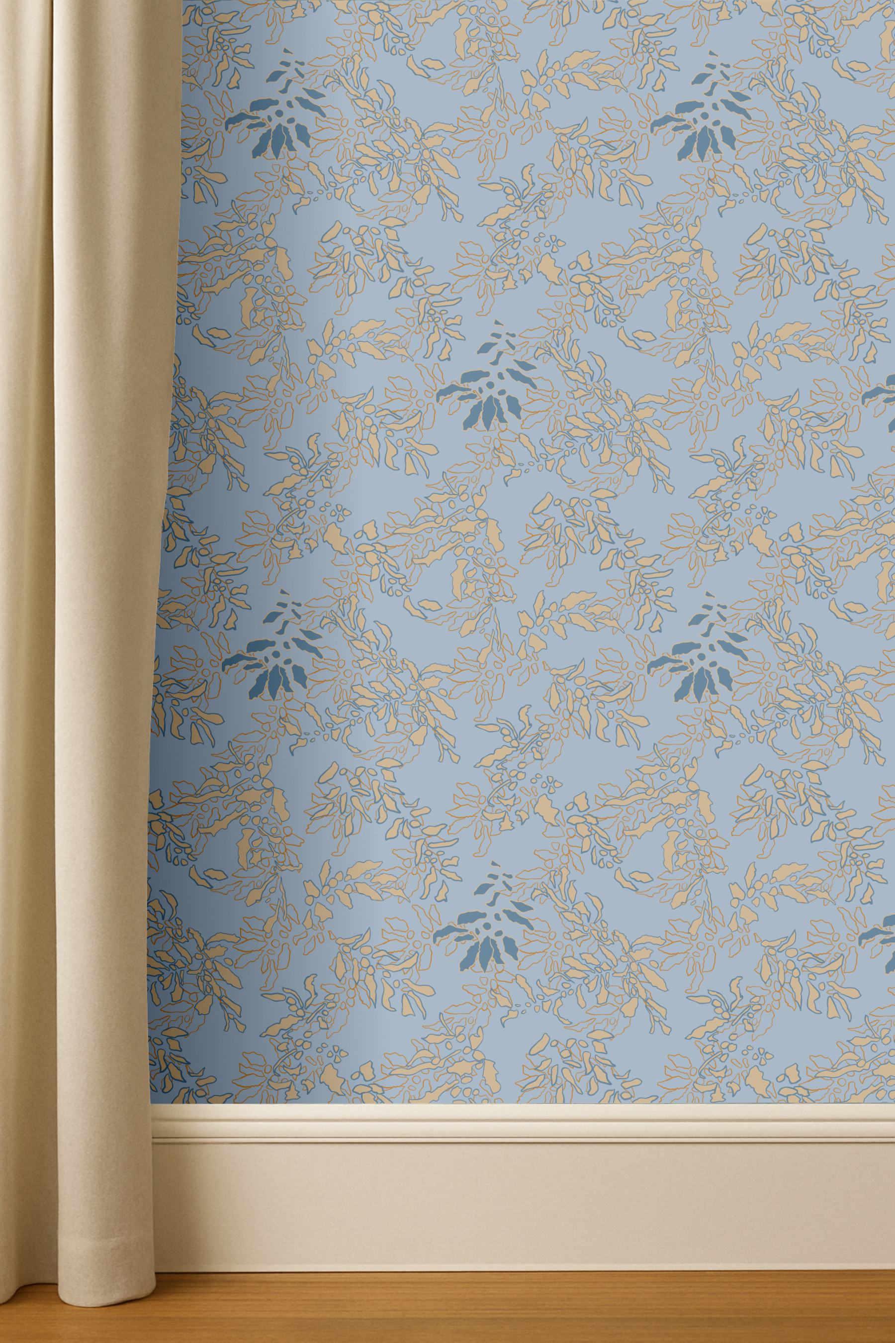 Close-up of a window with patterned blue and gold curtains and cream-colored side curtains, set against a hardwood floor.