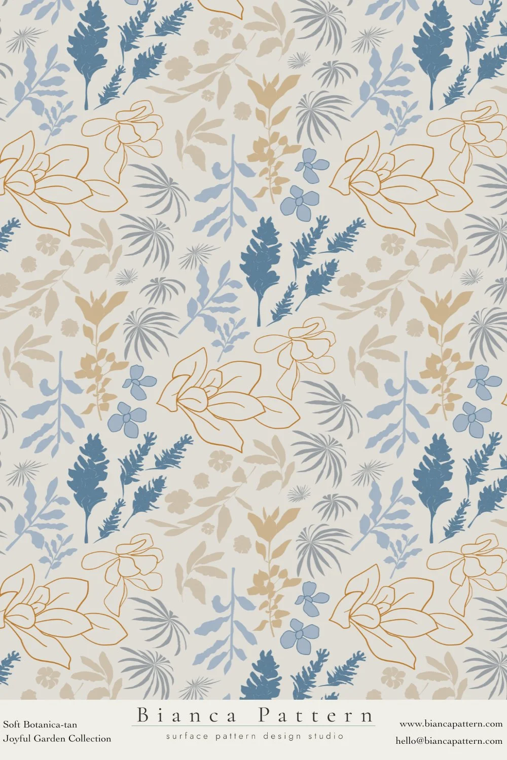 A botanical pattern with beige, blue, and tan outlined and solid floral and leaf designs on a light background.