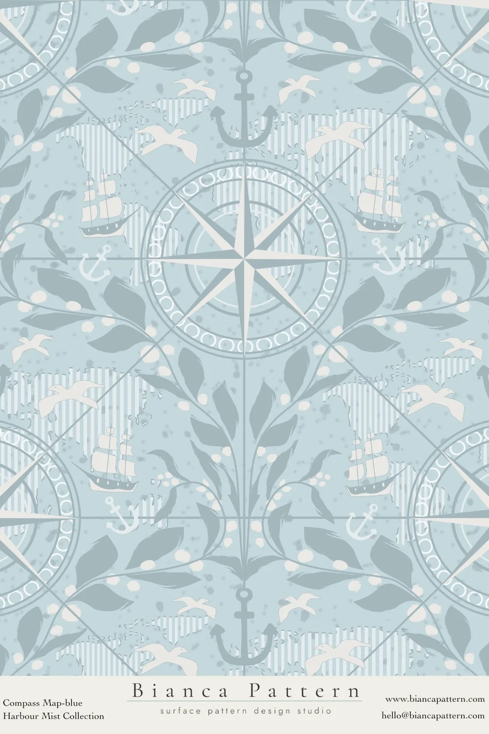Pattern with nautical theme featuring compass rose, ships, anchors, seagulls, and leafy vines in blue and white shades.