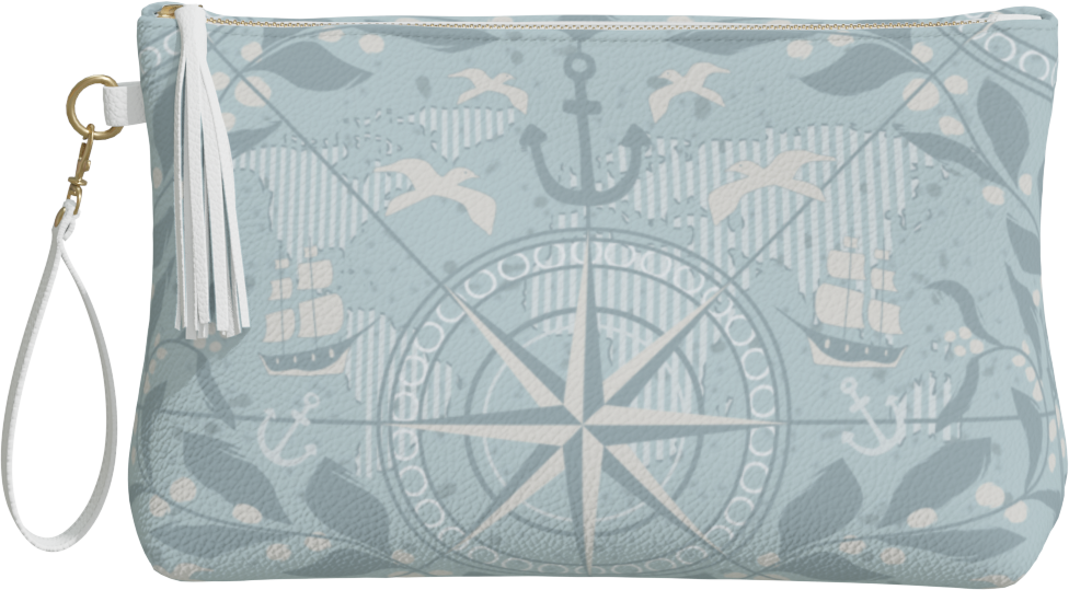 Light blue clutch purse with nautical design including an anchor, compass rose, seagulls, boats, and waves.