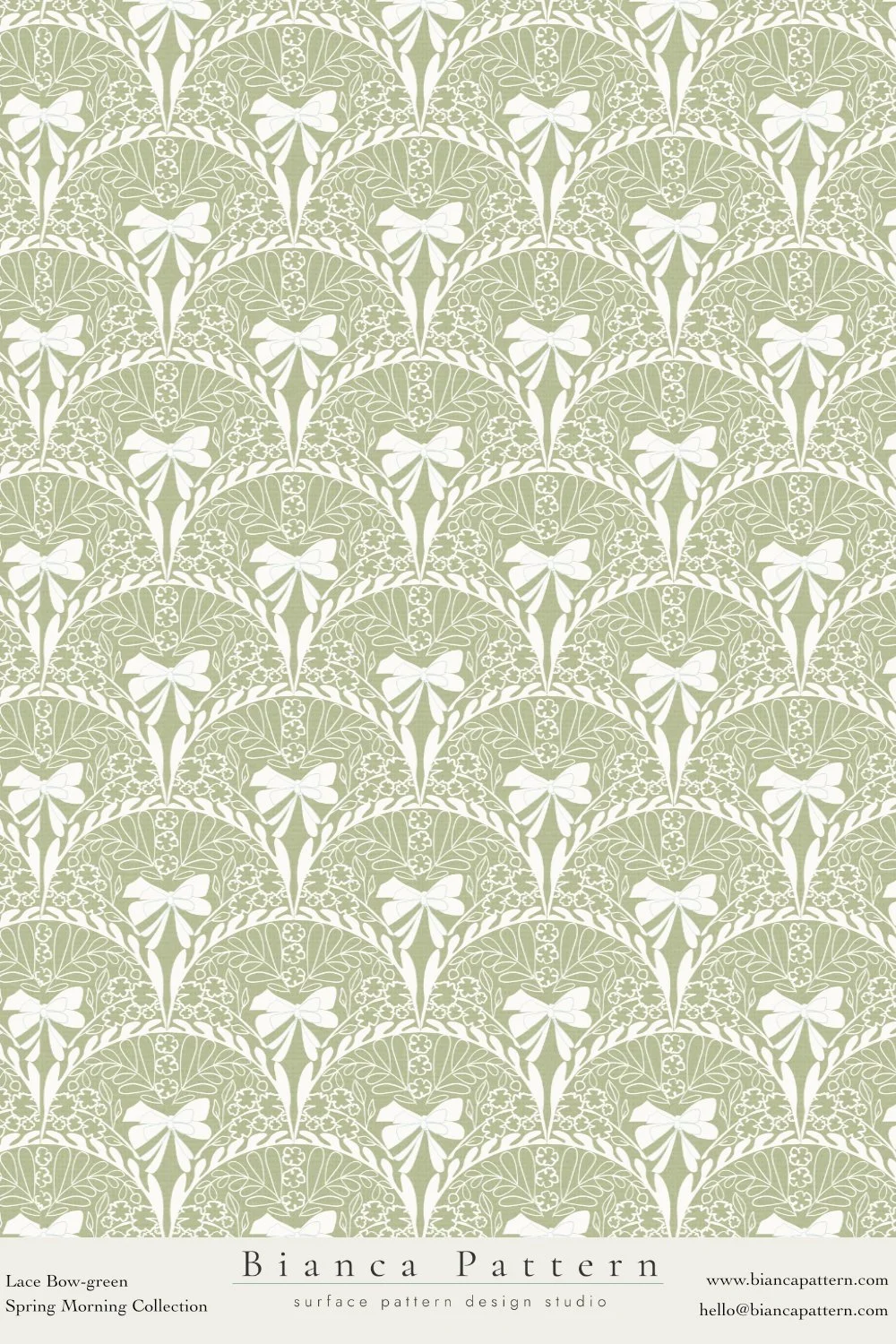 A seamless green and white lace bow pattern with floral and leaf motifs, part of the Bianca Pattern Spring Morning Collection.
